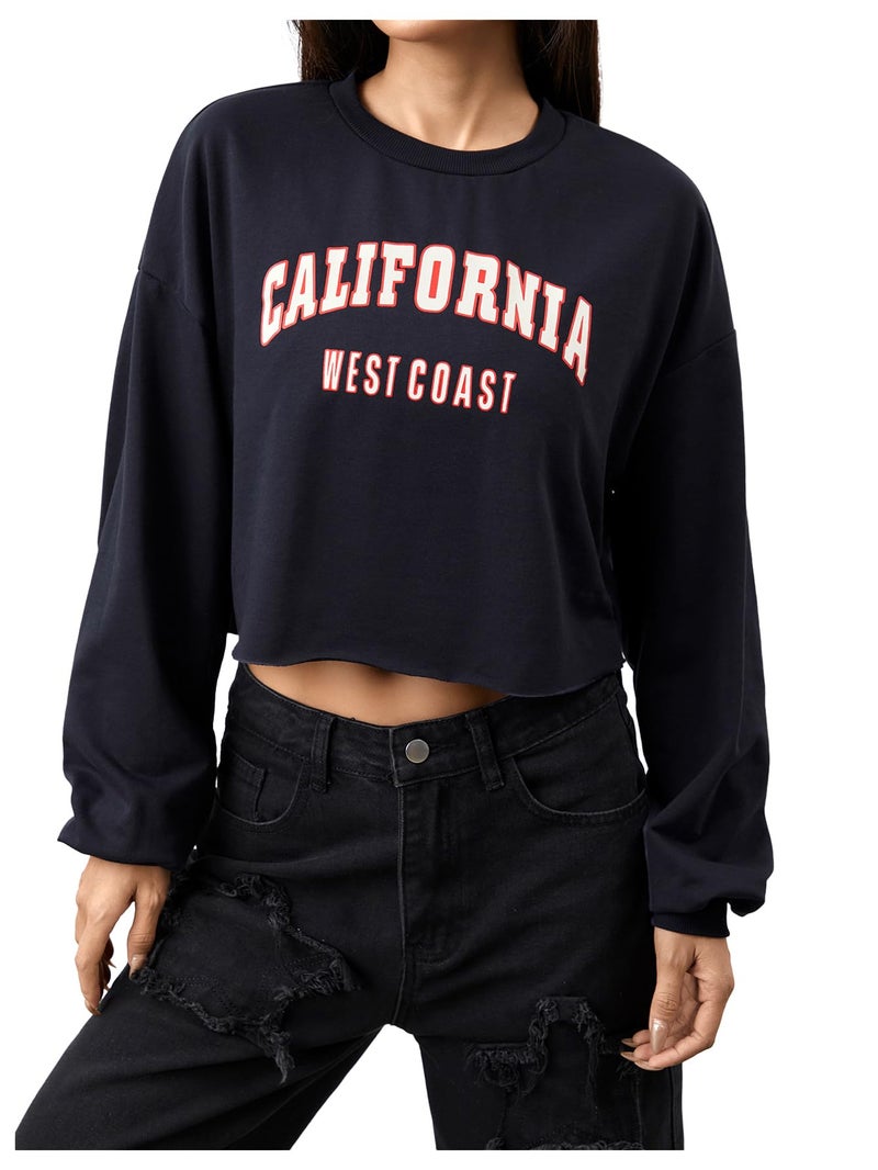 SweatyRocks Women's Casual Long Sleeve Crew Neck Letter Print Crop Top Sweatshirt Navy M - Image 1